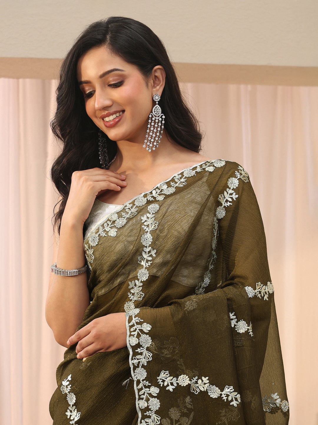 Brown Floral Embroidered Tissue Saree 