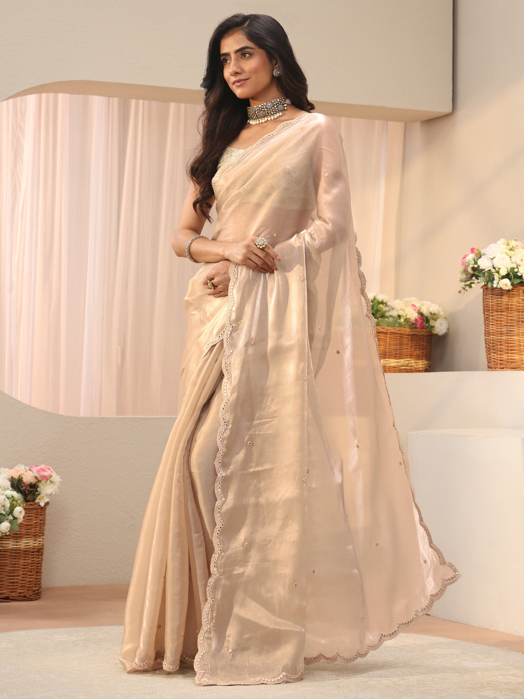 Libas Ivory Mirror Work Organza Saree 