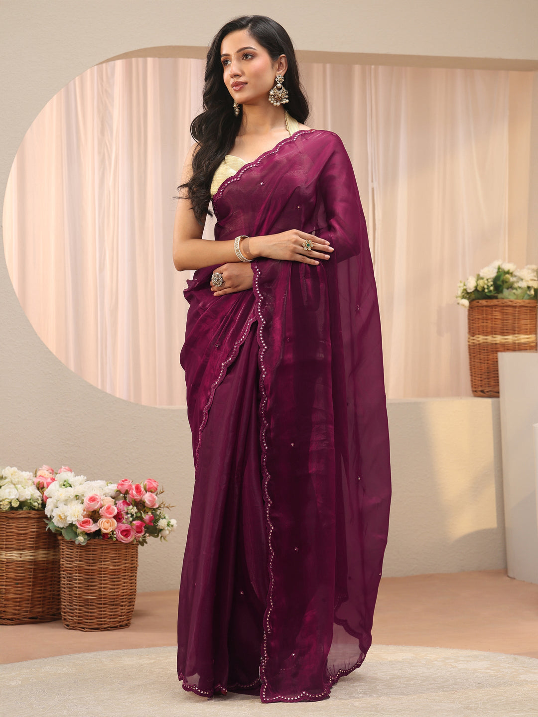  Maroon Self Design Organza Saree 