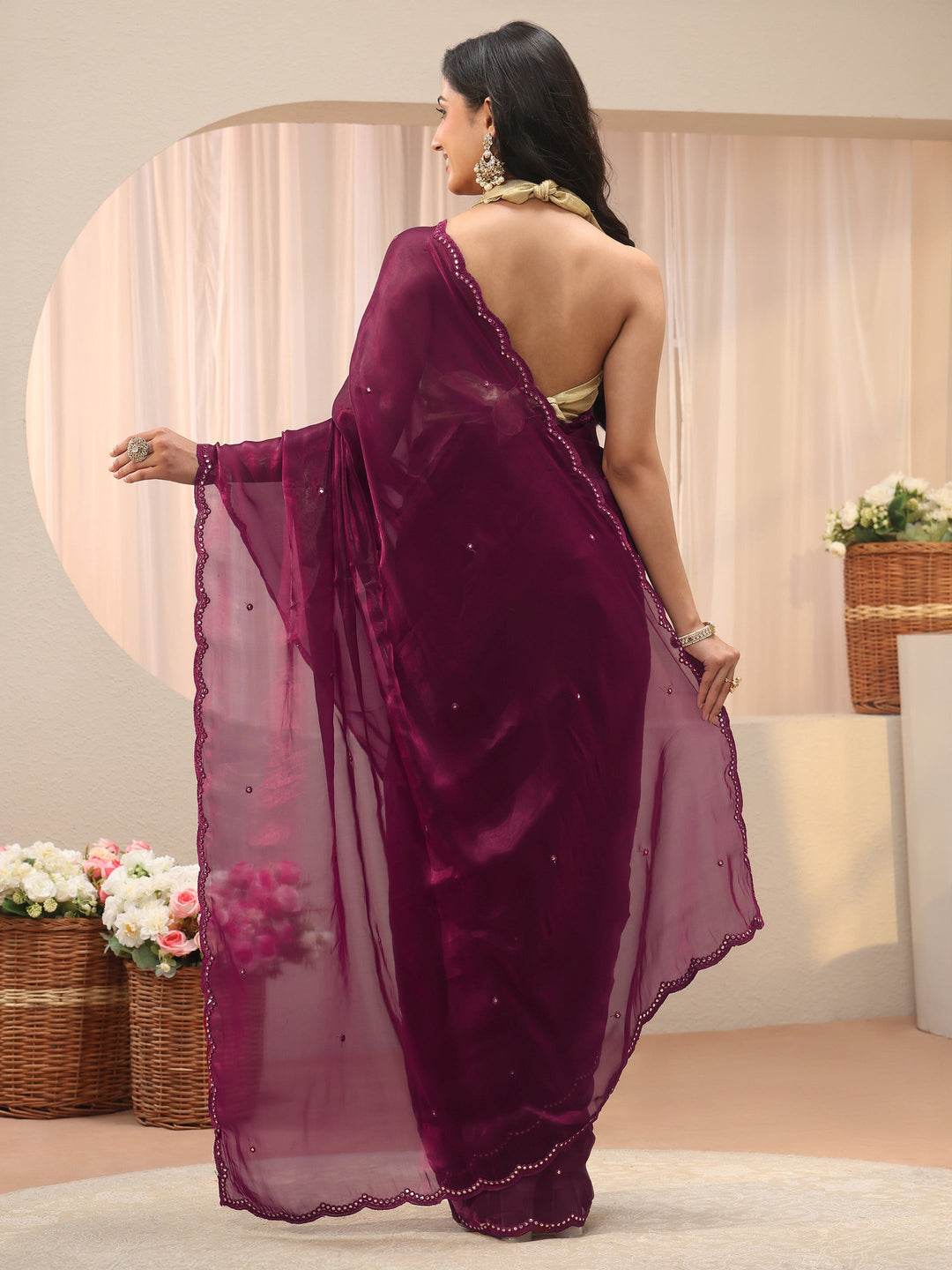  Maroon Self Design Organza Saree 