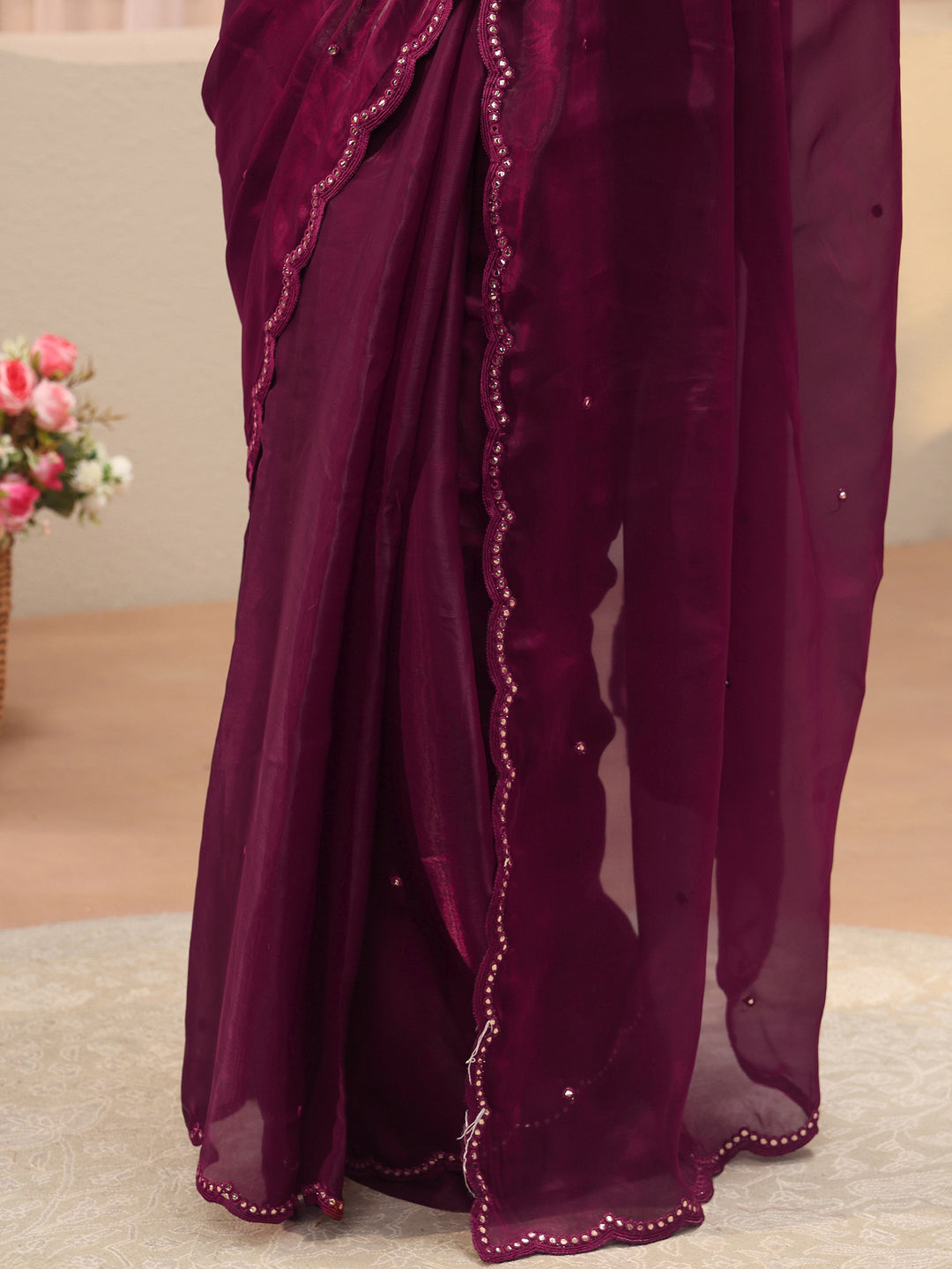  Maroon Self Design Organza Saree 