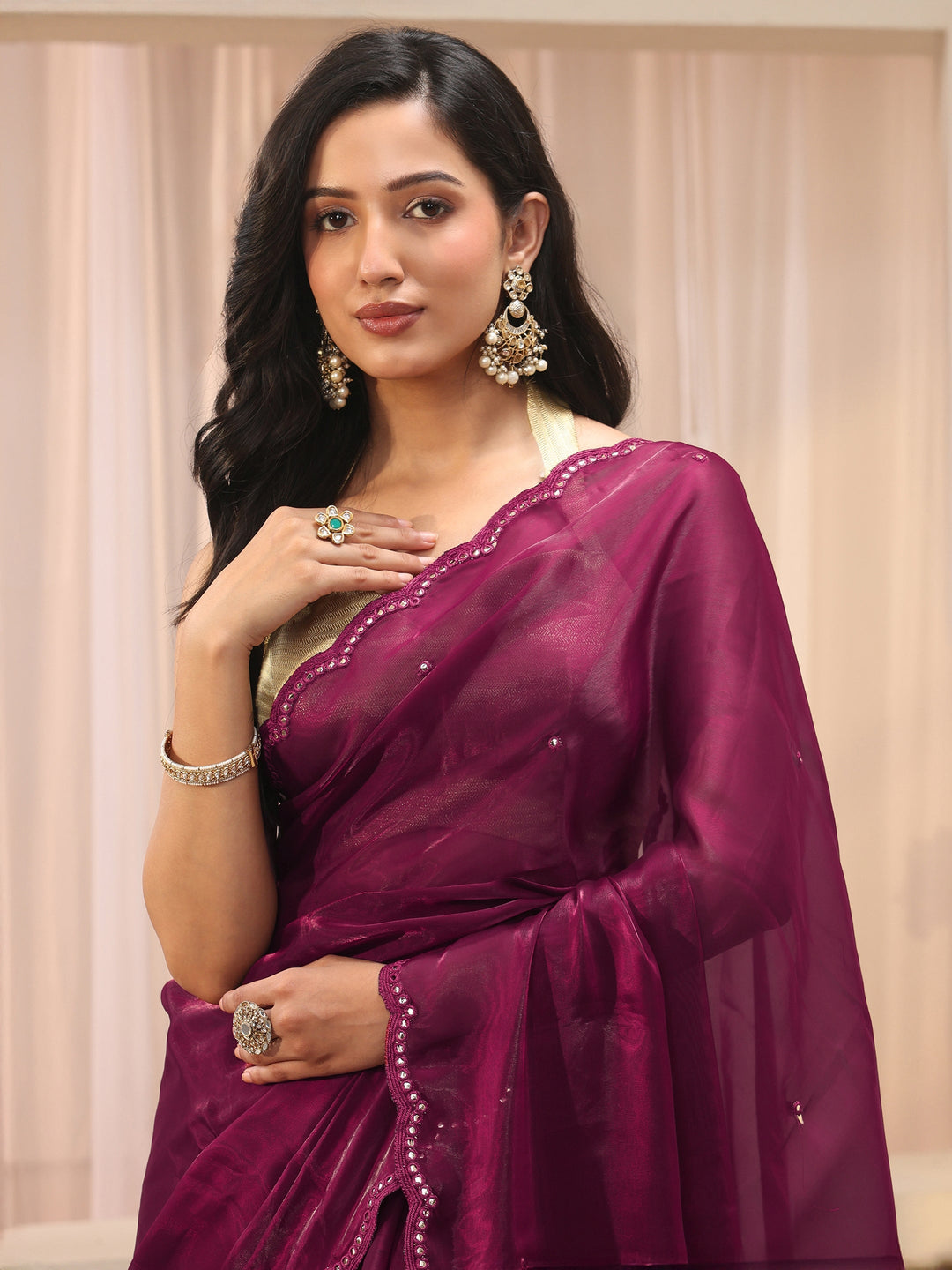 Maroon Self Design Organza Saree 