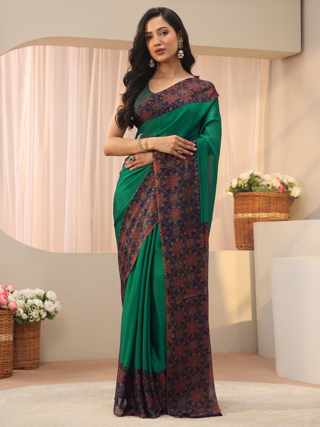  Green Solid Chiffon Saree 
