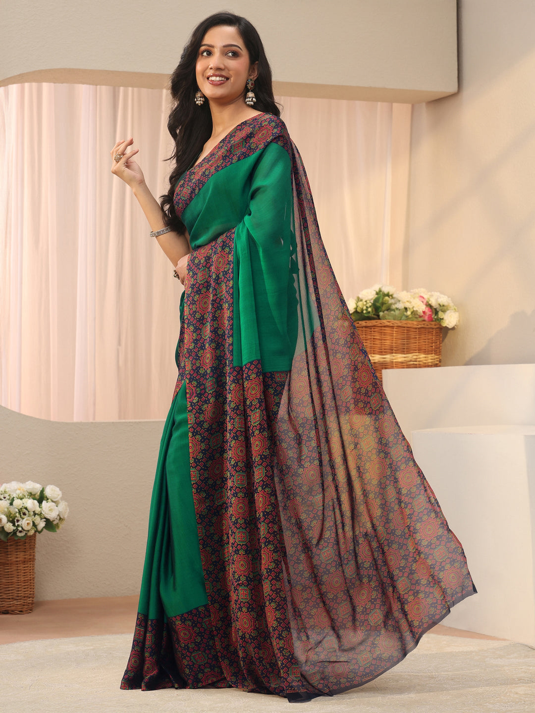  Green Solid Chiffon Saree 