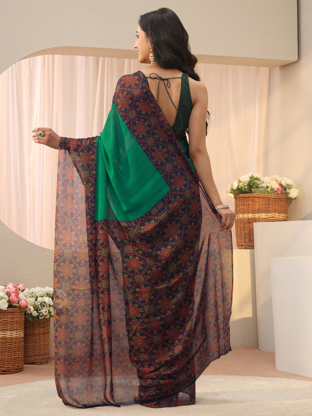  Green Solid Chiffon Saree 
