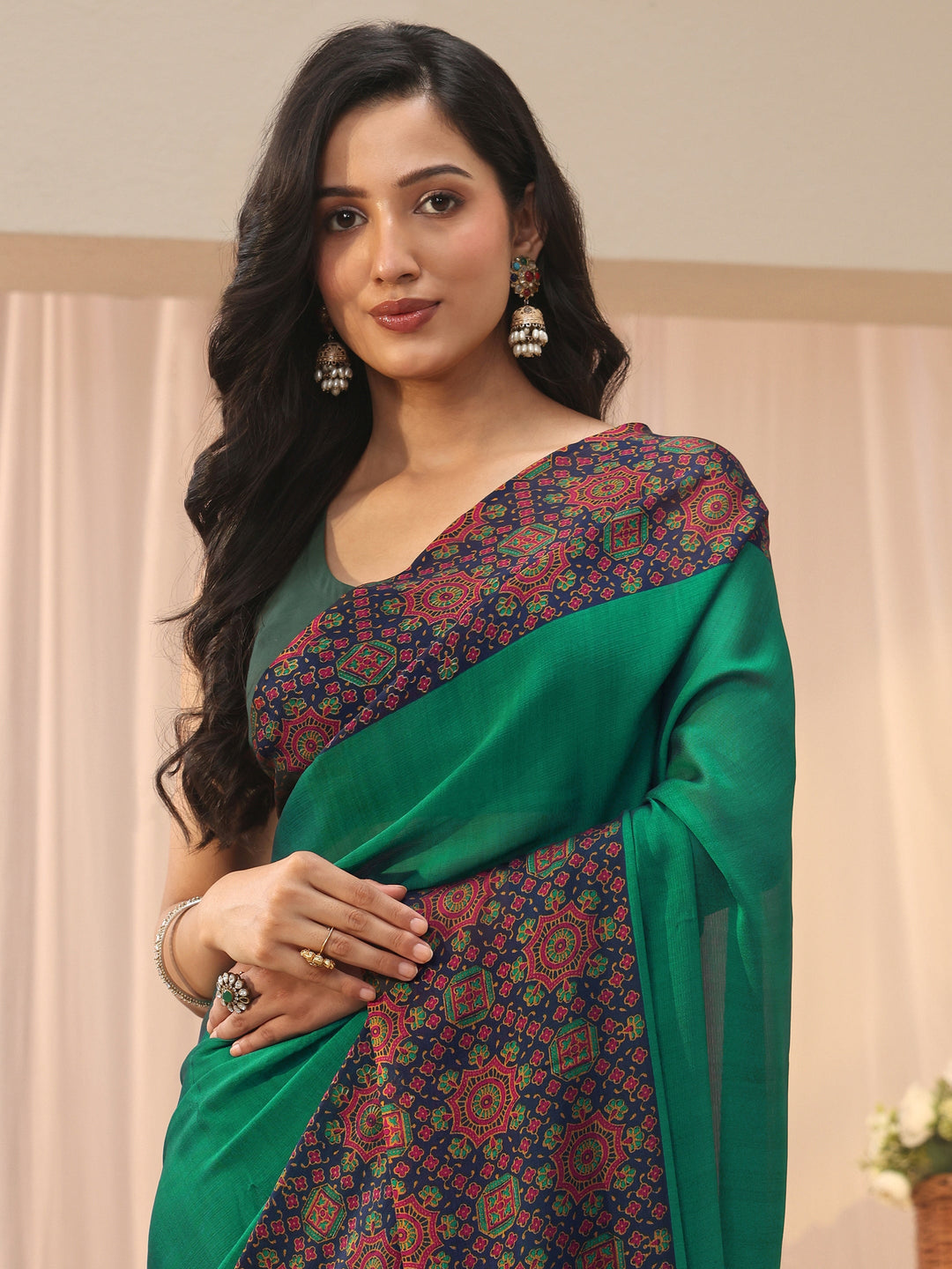  Green Solid Chiffon Saree 