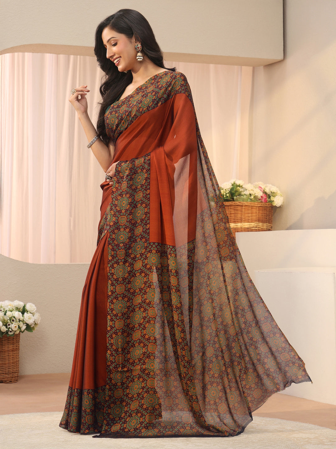  Libas Rust Chiffon Saree with Printed Border 