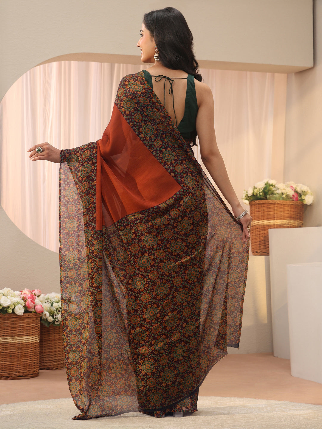  Libas Rust Chiffon Saree with Printed Border 