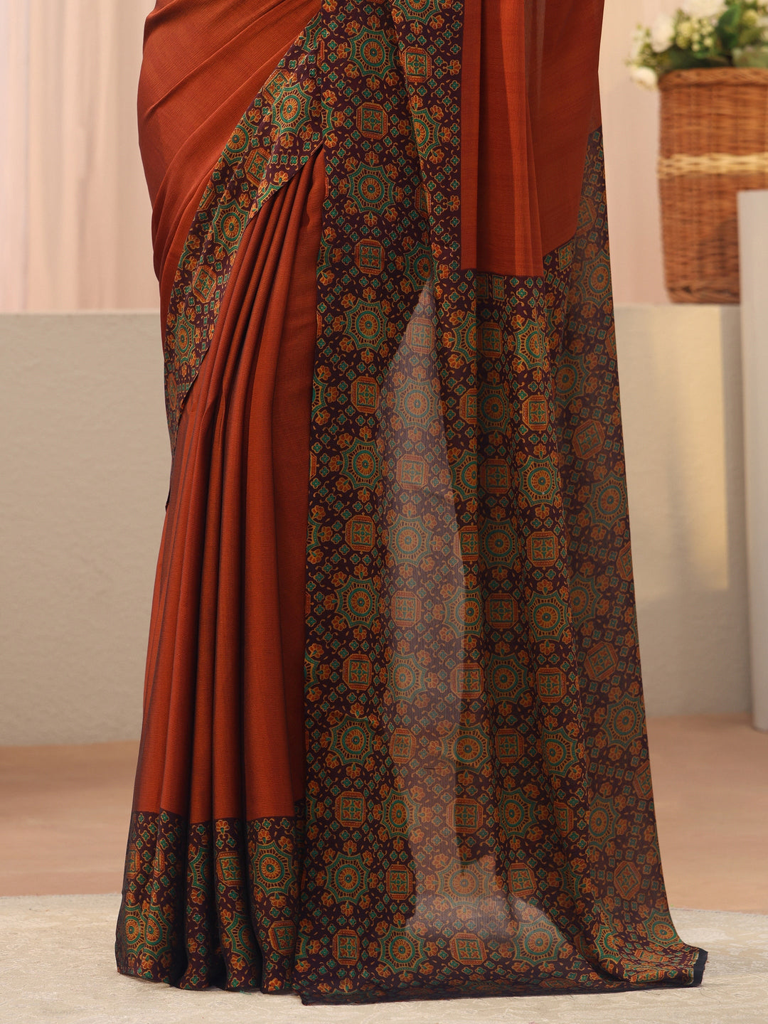  Libas Rust Chiffon Saree with Printed Border 