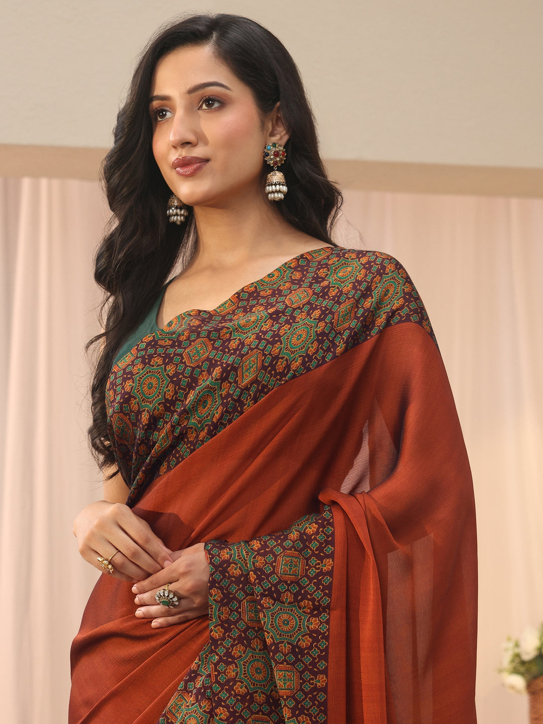  Libas Rust Chiffon Saree with Printed Border 