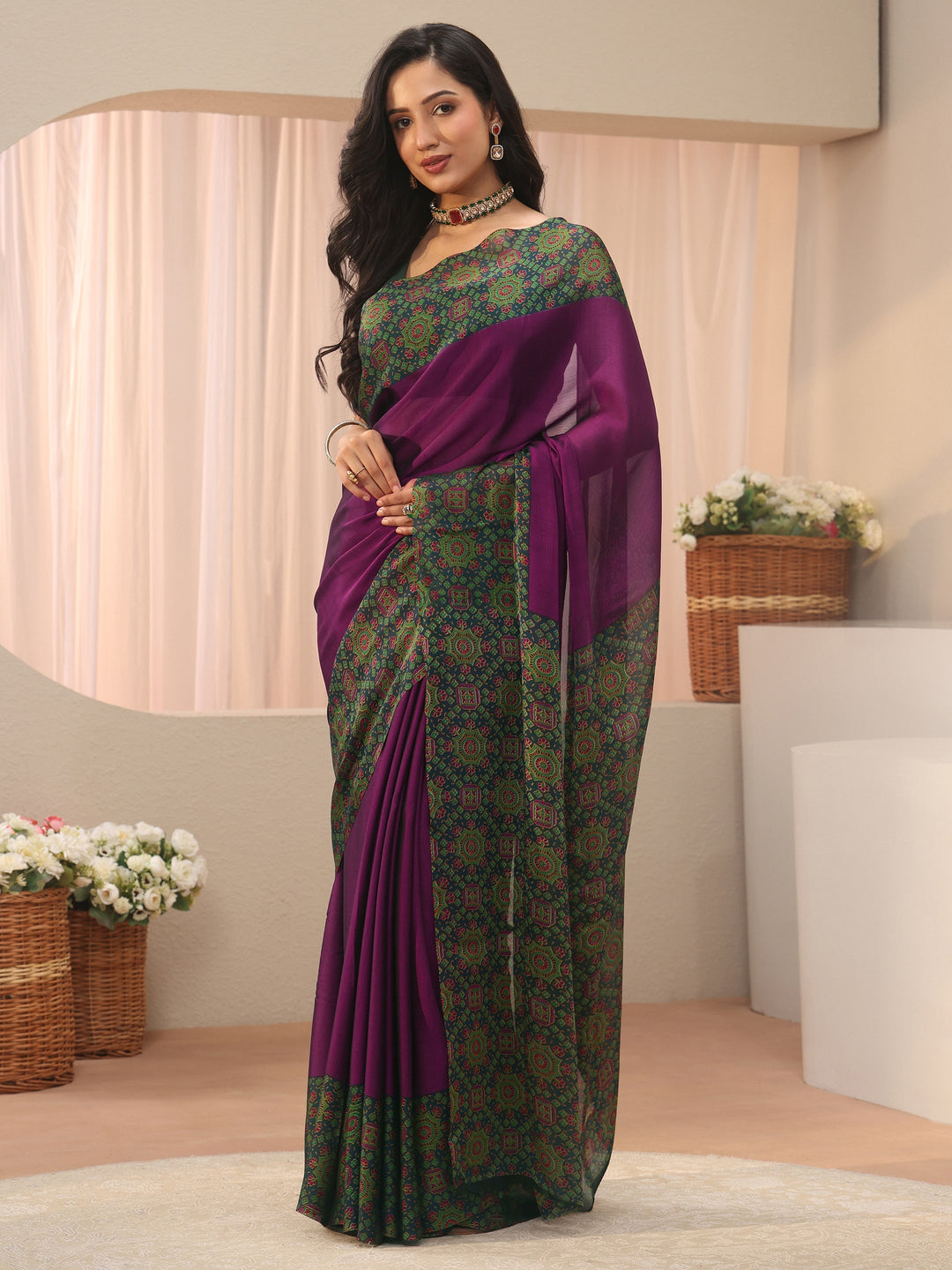  Libas Burgundy Chiffon Saree with Printed Border 