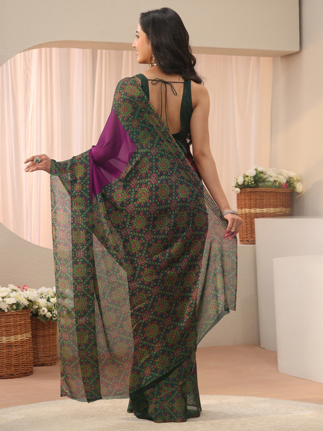  Libas Burgundy Chiffon Saree with Printed Border 