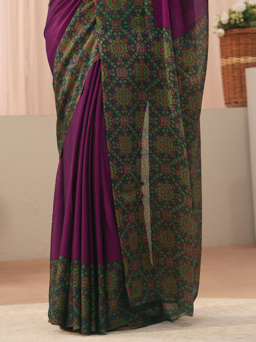  Libas Burgundy Chiffon Saree with Printed Border 
