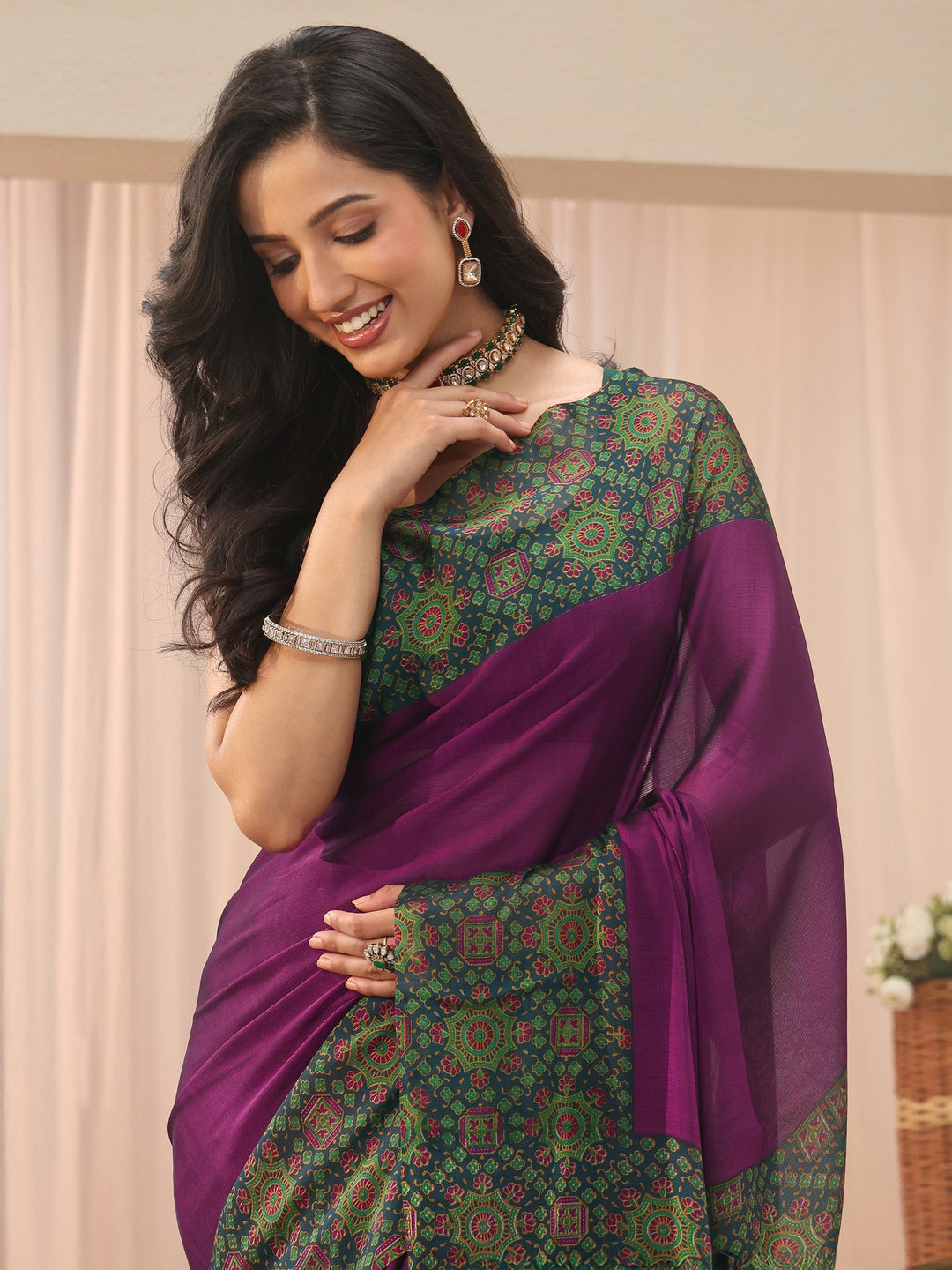  Libas Burgundy Chiffon Saree with Printed Border 