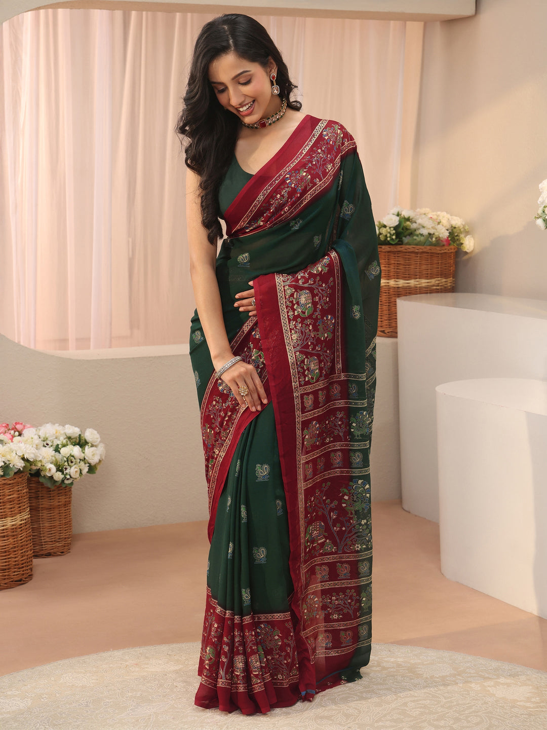  Libas Green Ethnic Printed Georgette Saree 