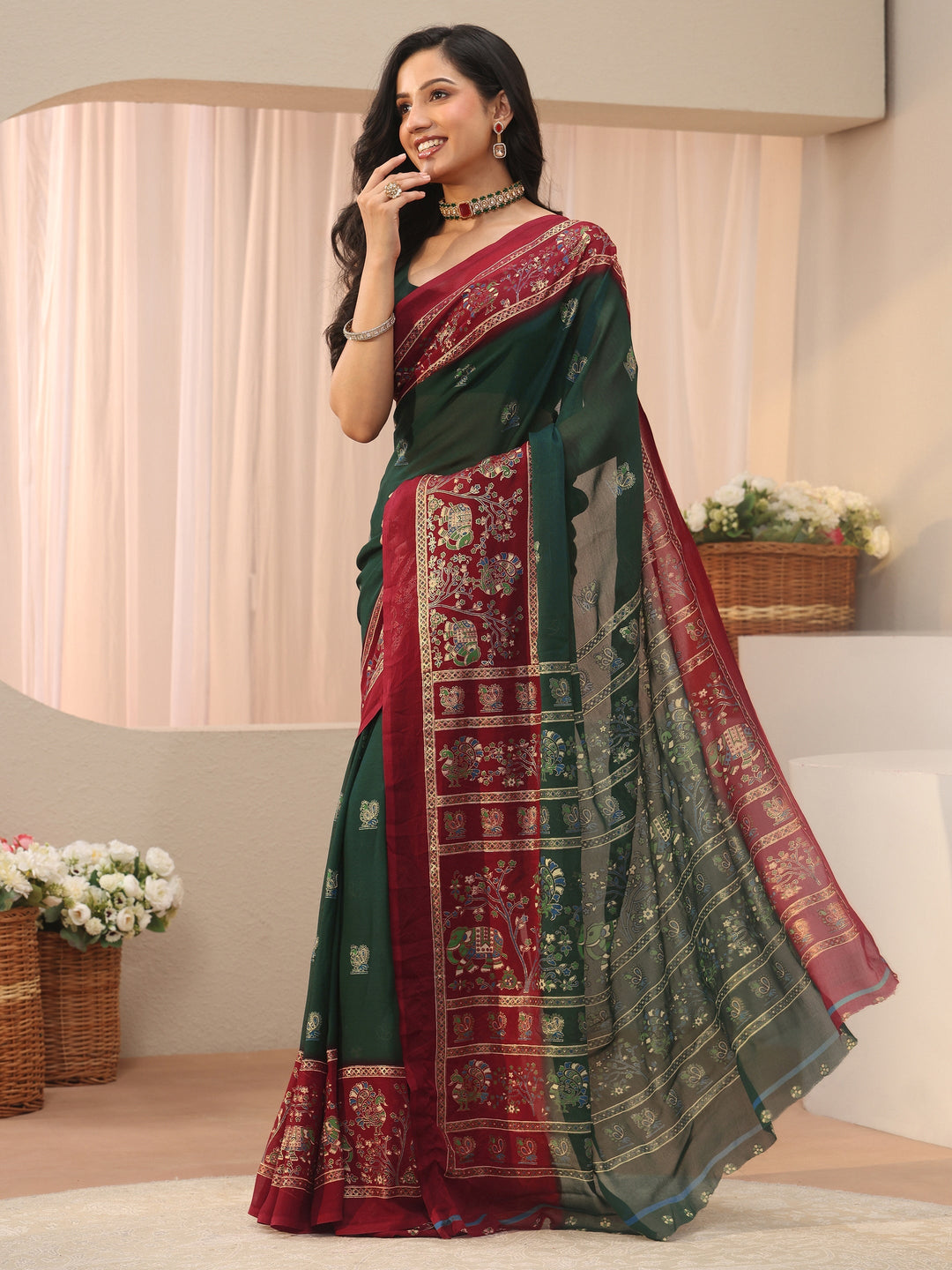  Libas Green Ethnic Printed Georgette Saree 