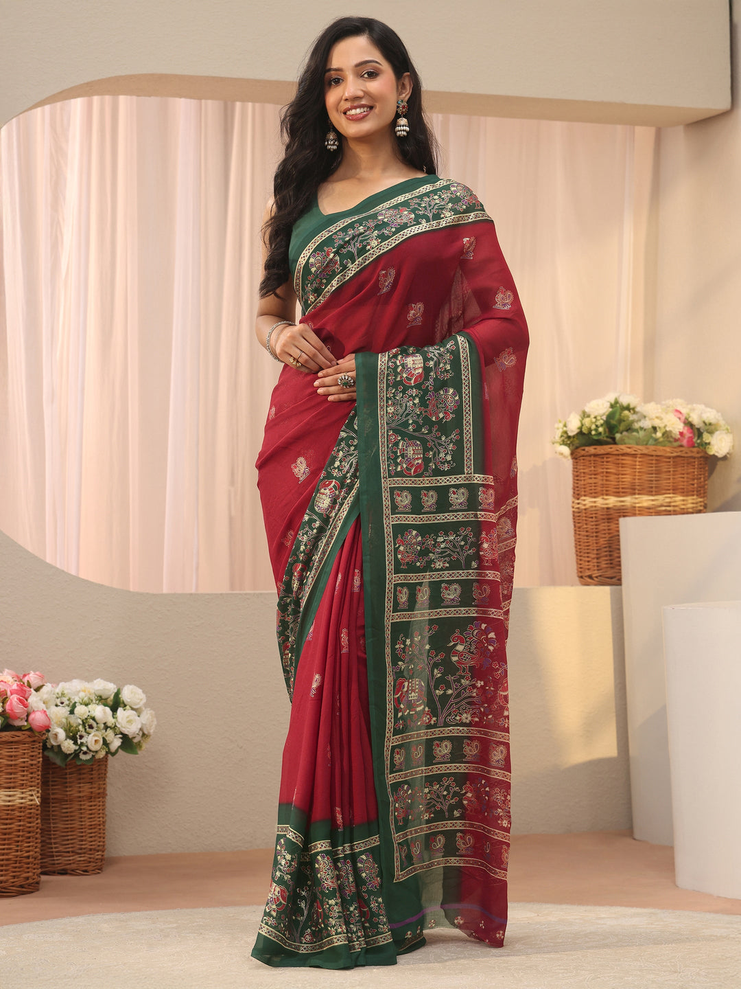  Red Ethnic Motif Printed Georgette Saree 