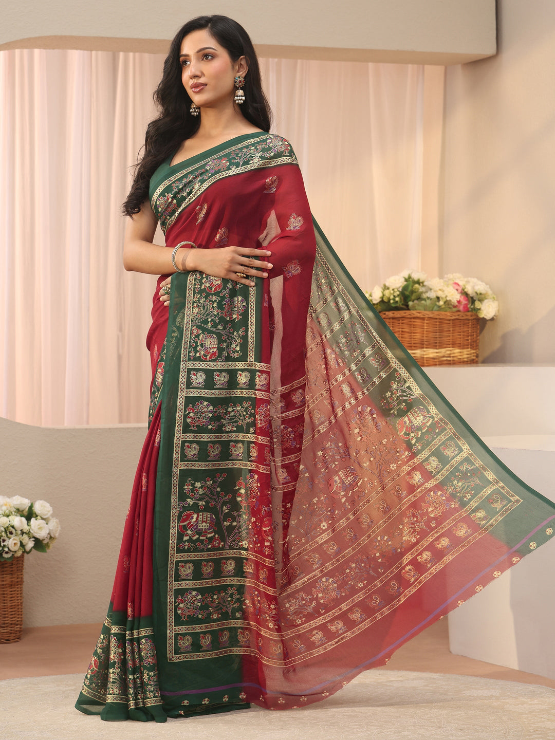  Red Ethnic Motif Printed Georgette Saree 