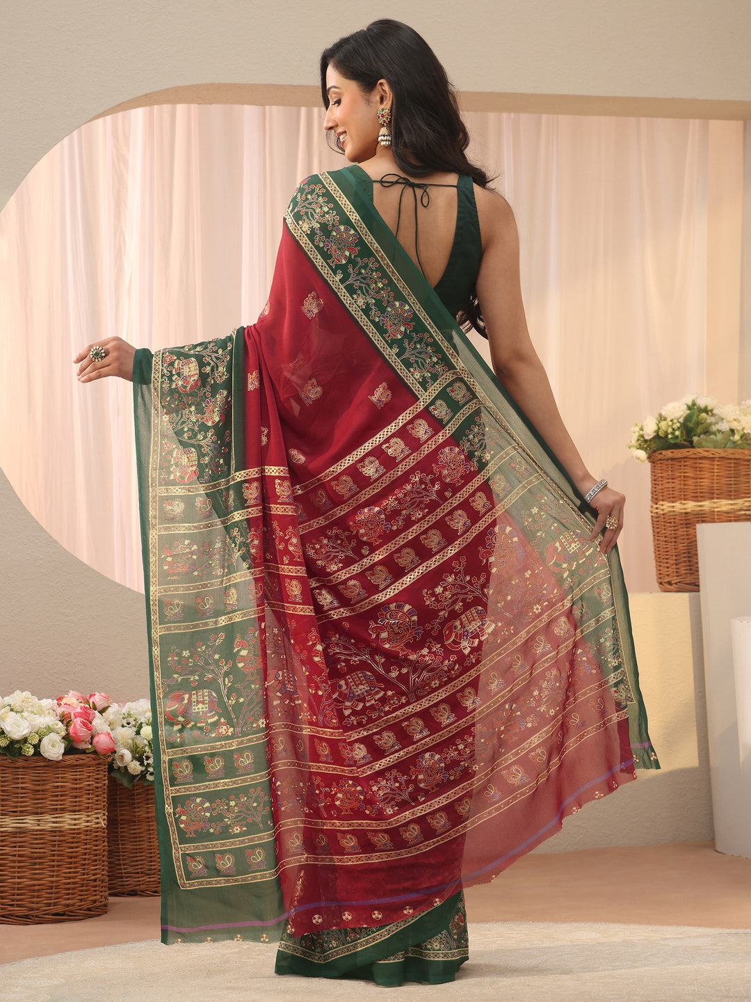  Red Ethnic Motif Printed Georgette Saree 