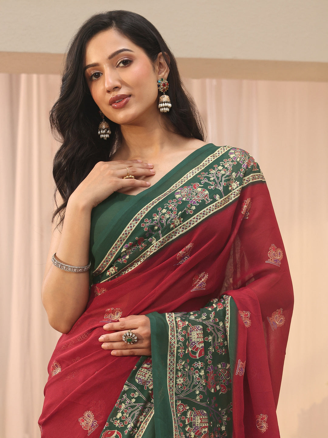  Red Ethnic Motif Printed Georgette Saree 