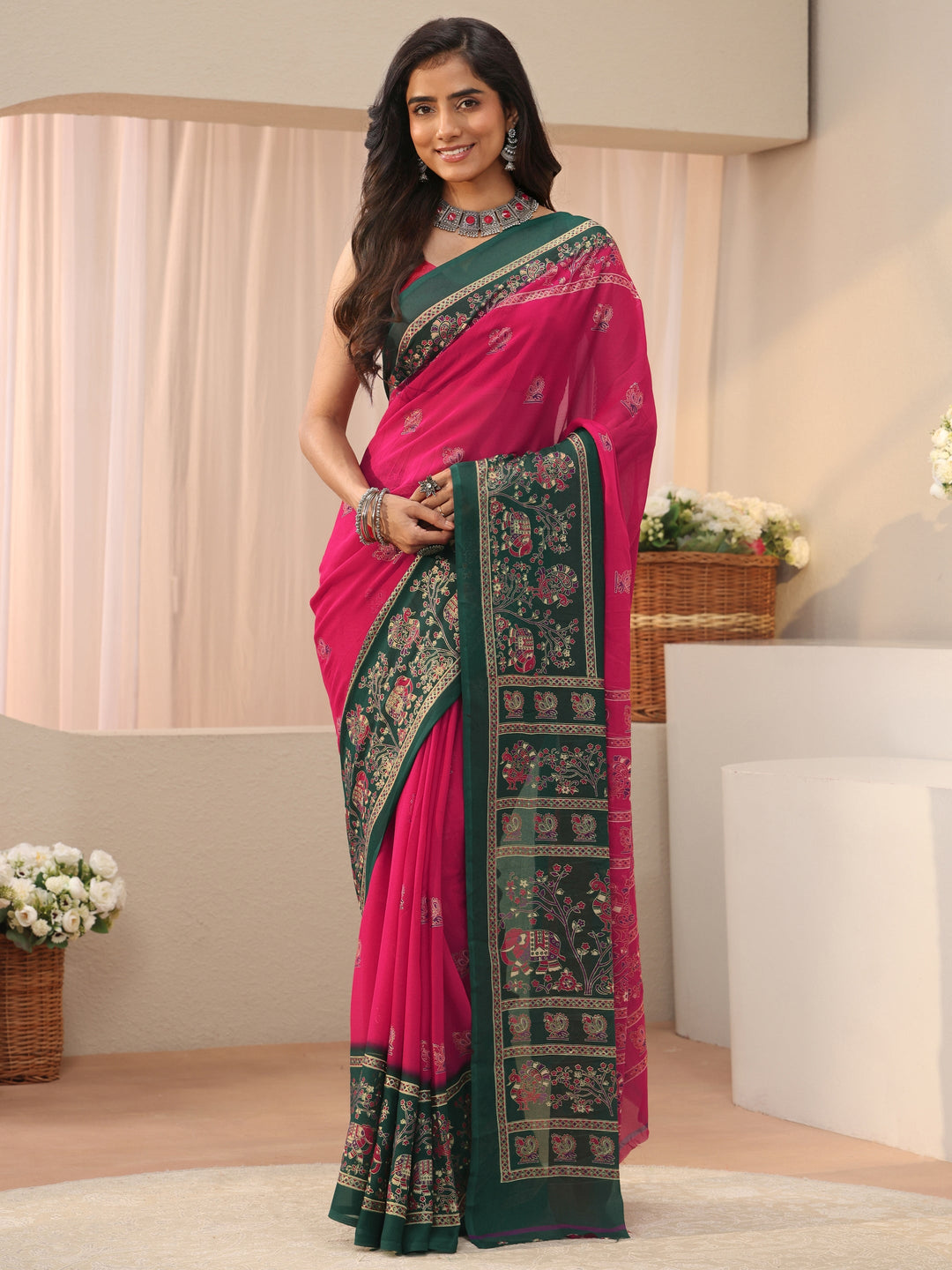  Pink Ethnic Motif Printed Georgette Saree 