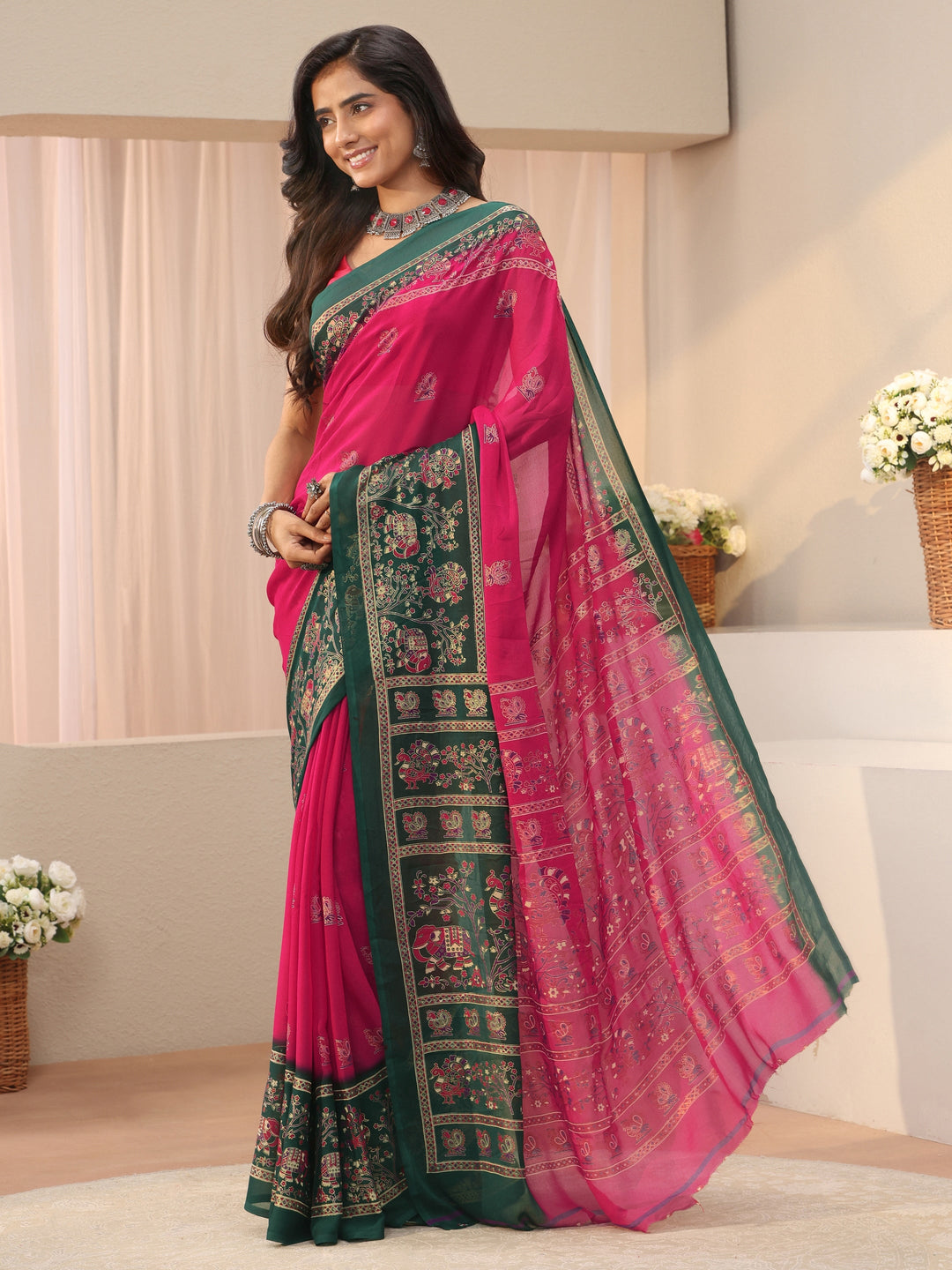  Pink Ethnic Motif Printed Georgette Saree 