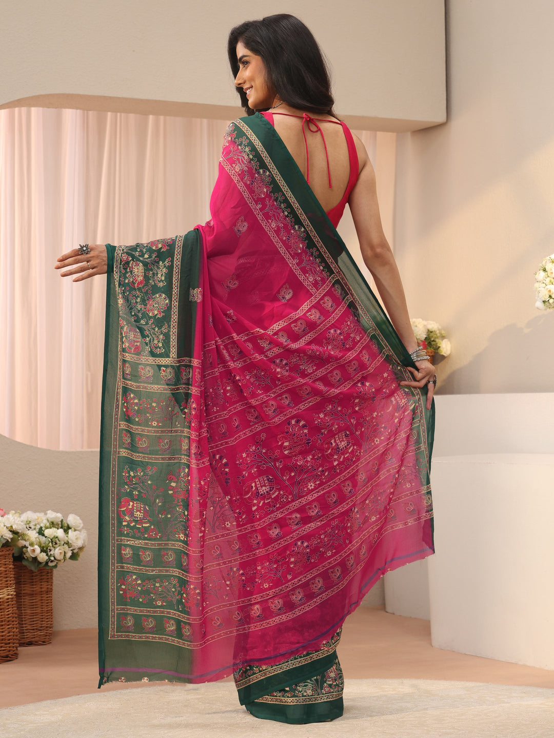  Pink Ethnic Motif Printed Georgette Saree 