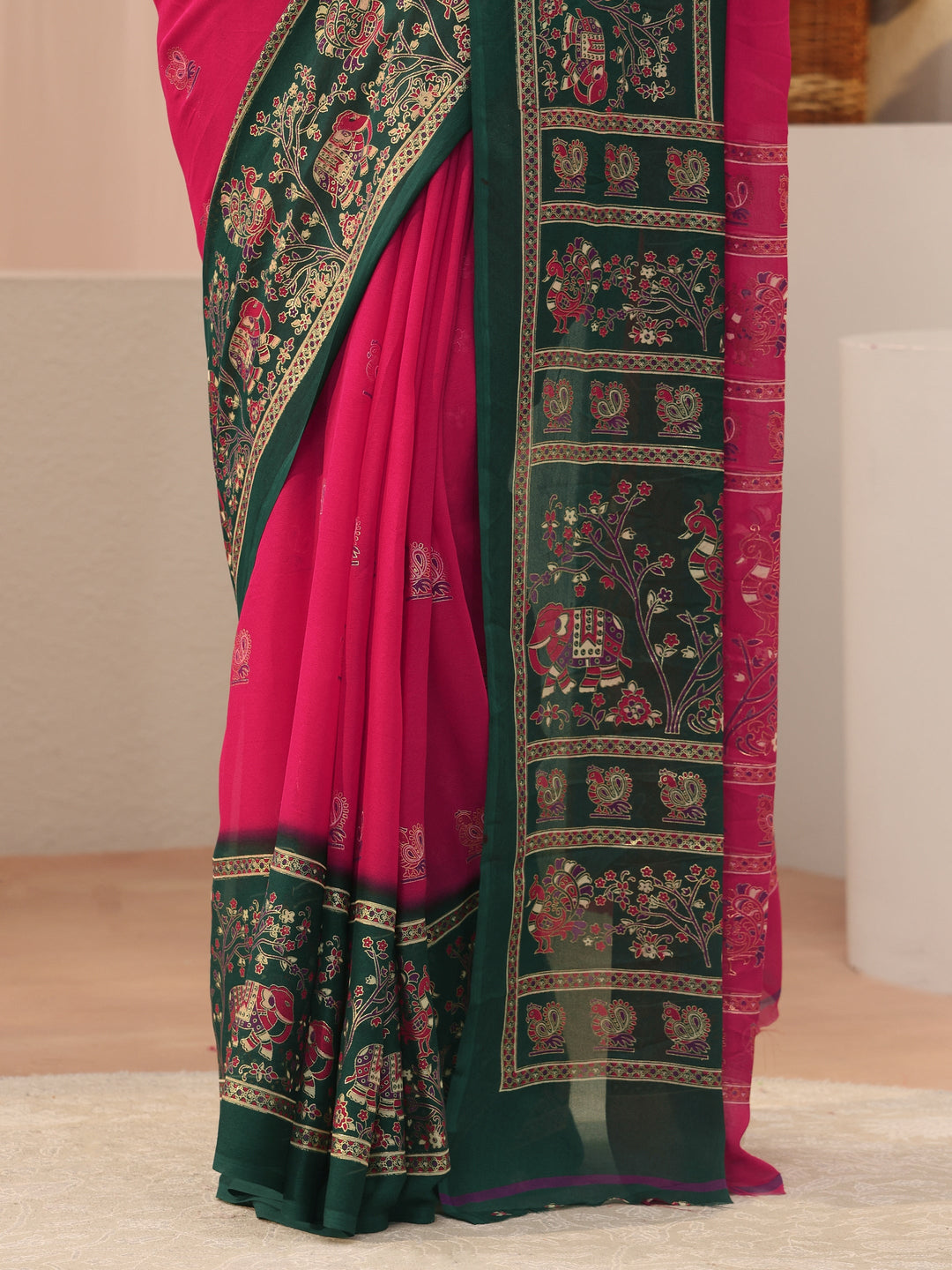  Pink Ethnic Motif Printed Georgette Saree 