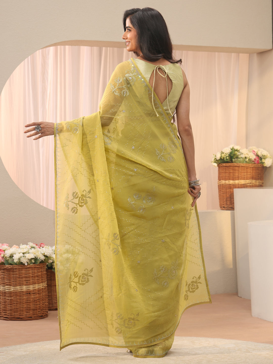  Green Ethnic Motif Embroidered Chiffon Saree 