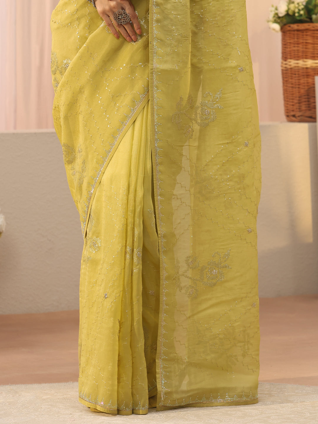  Green Ethnic Motif Embroidered Chiffon Saree 