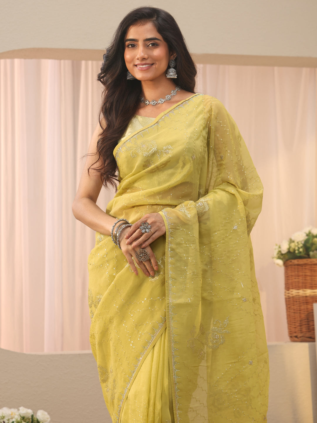  Green Ethnic Motif Embroidered Chiffon Saree 