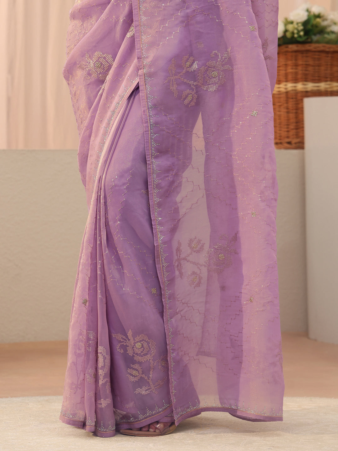  Lavender Ethnic Motif Embroidered Chiffon Saree 