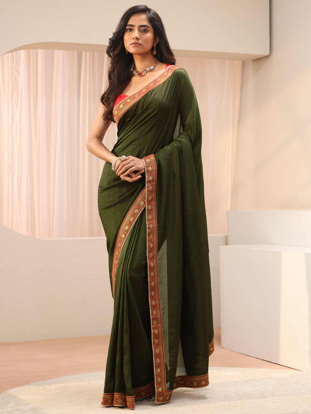  Green Solid Silk Blend Saree 
