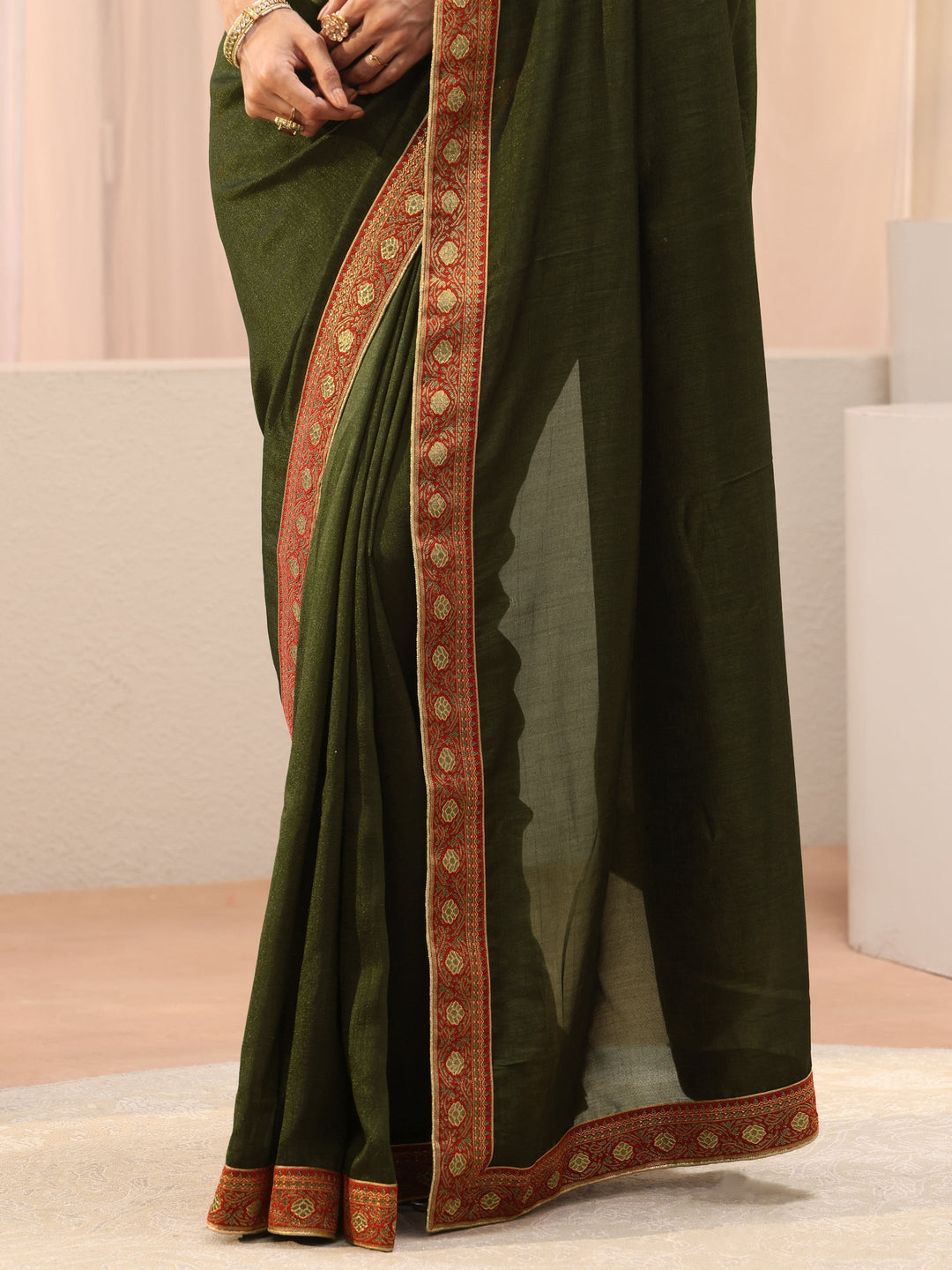  Green Solid Silk Blend Saree 