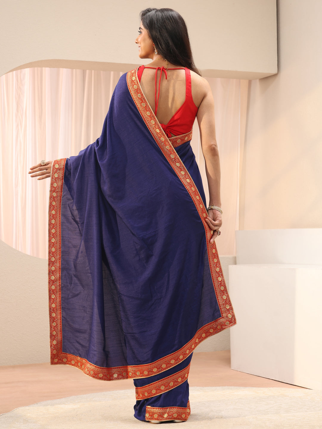  Blue Solid Silk Blend Saree 