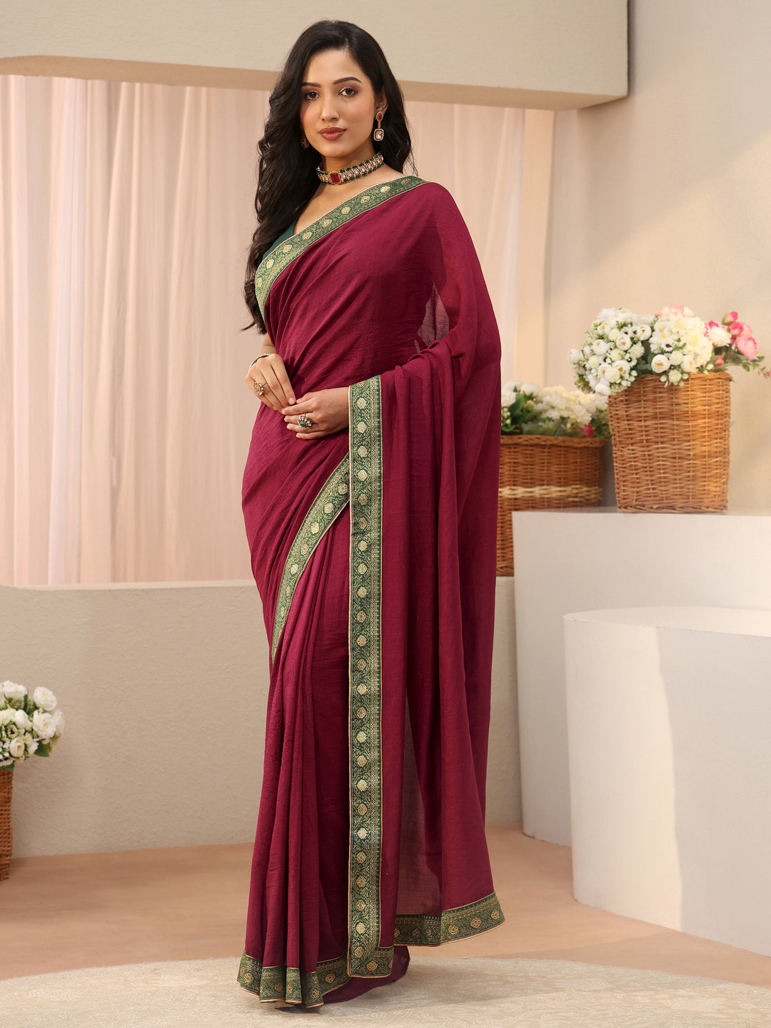  Maroon Solid Silk Blend Saree 