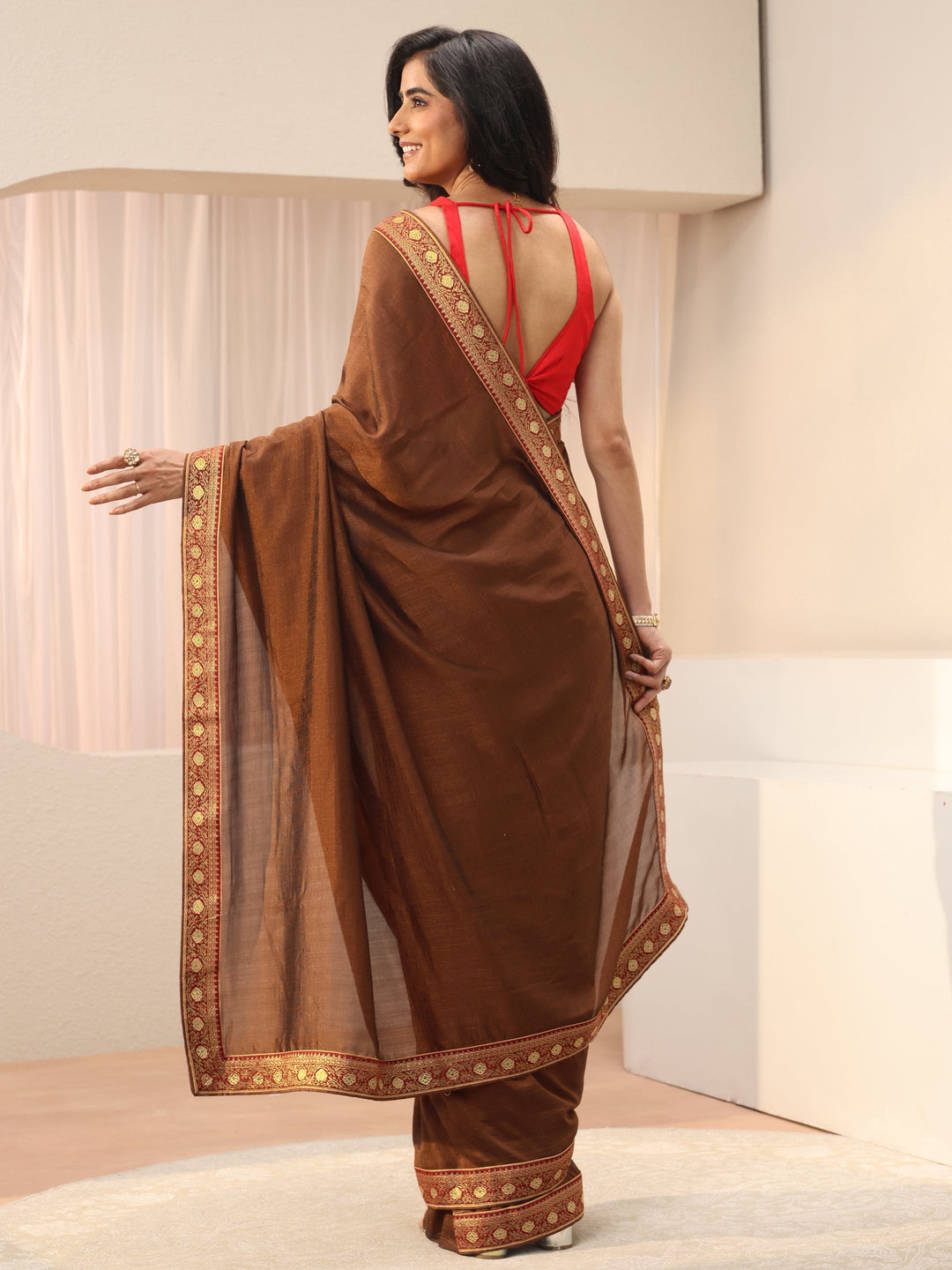  Brown Solid Silk Blend Saree 