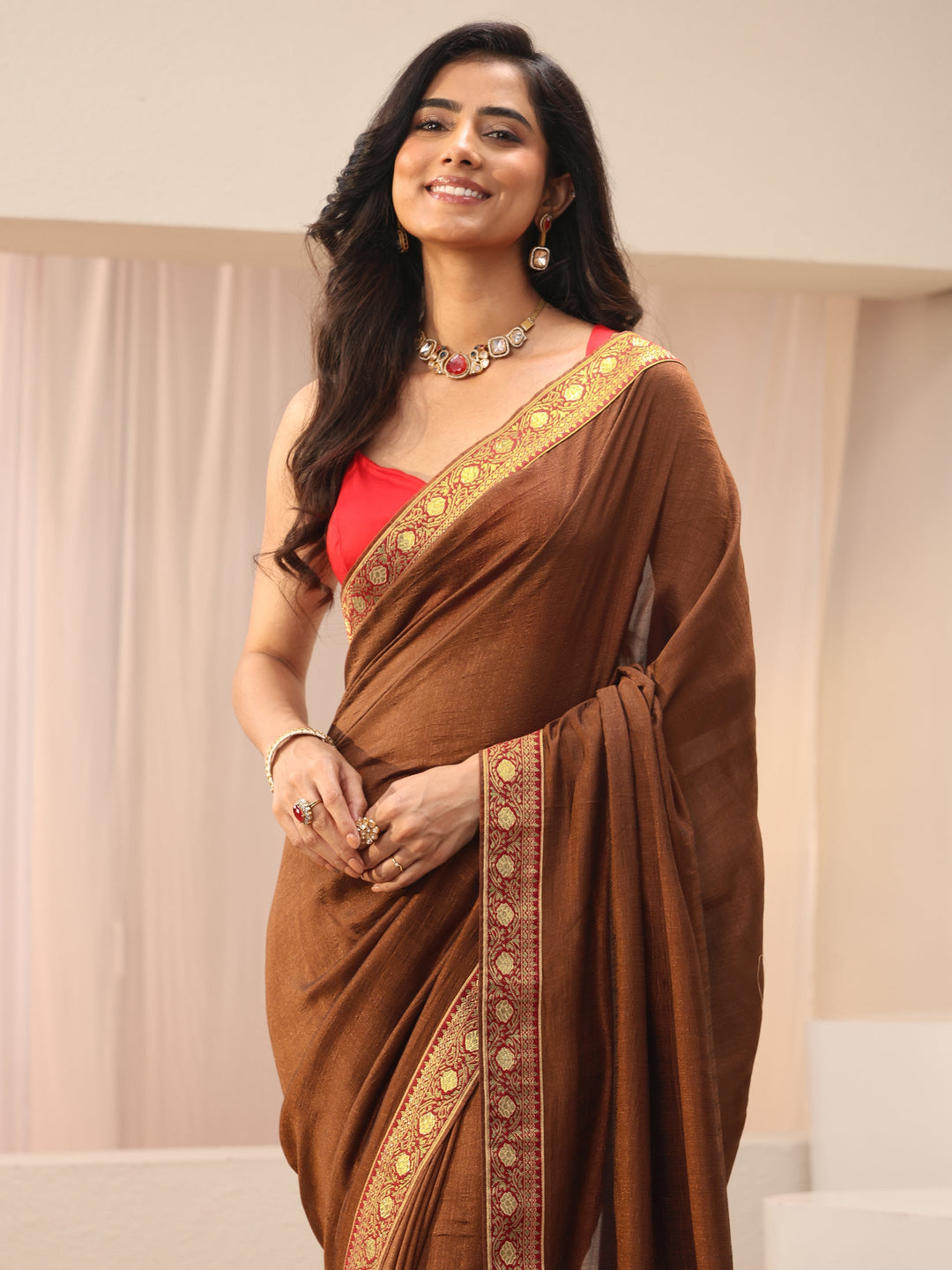  Brown Solid Silk Blend Saree 