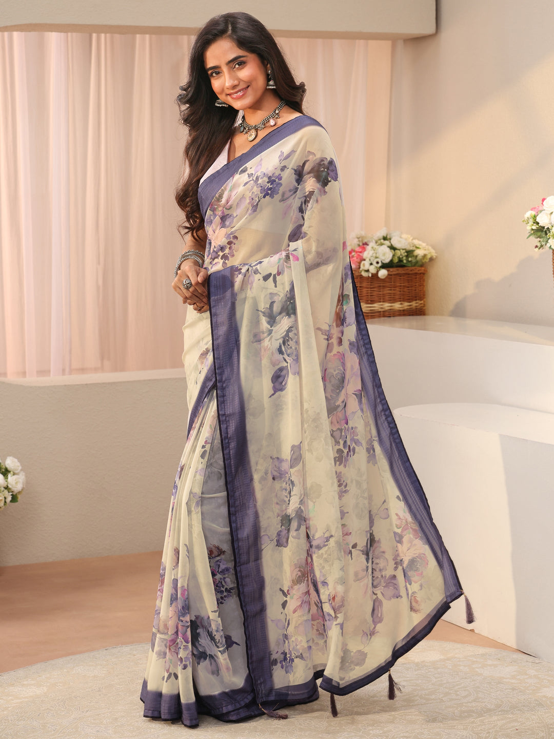  Off White Floral Printed Georgette Saree 