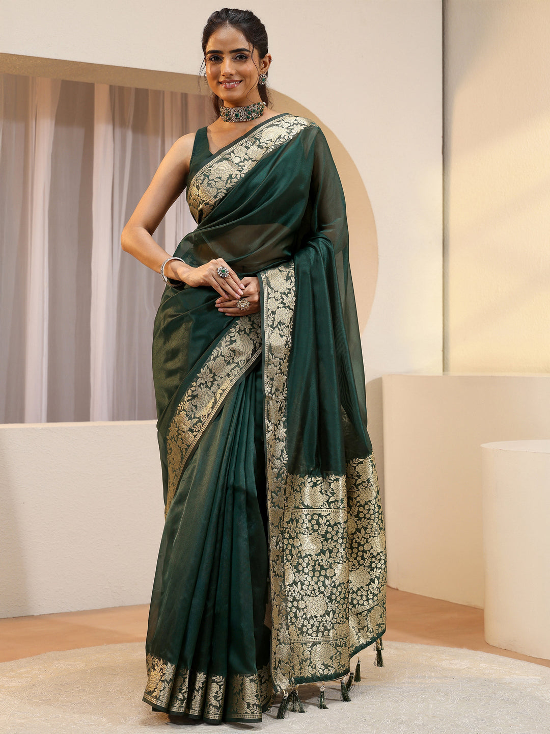  Libas Green Silk Blend Tassel Saree 