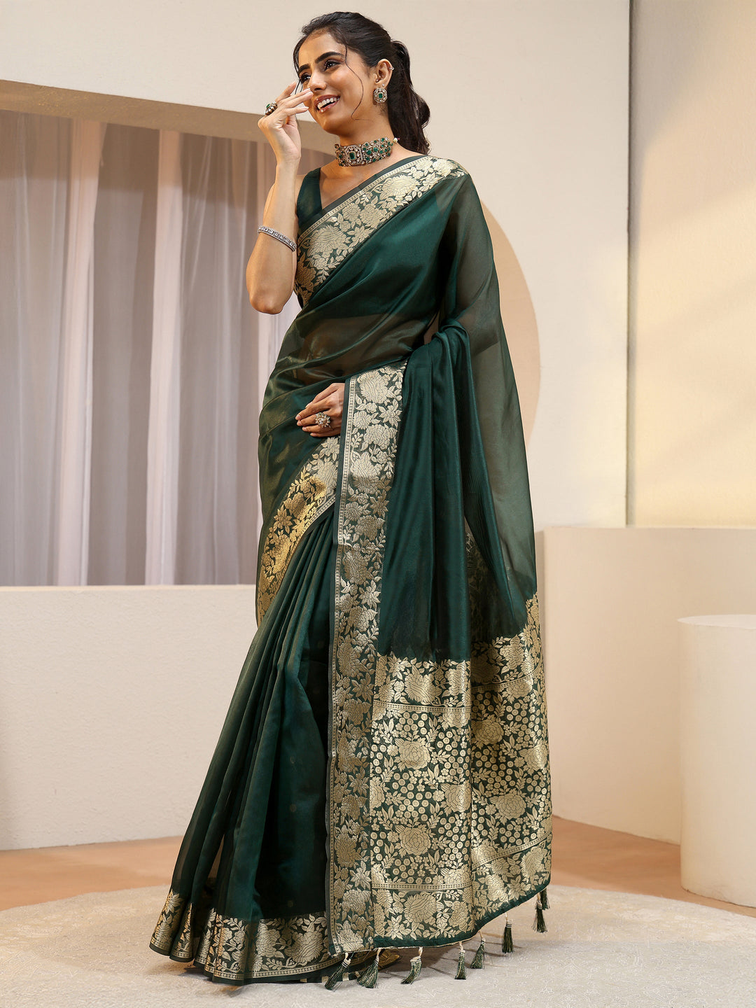  Libas Green Silk Blend Tassel Saree 