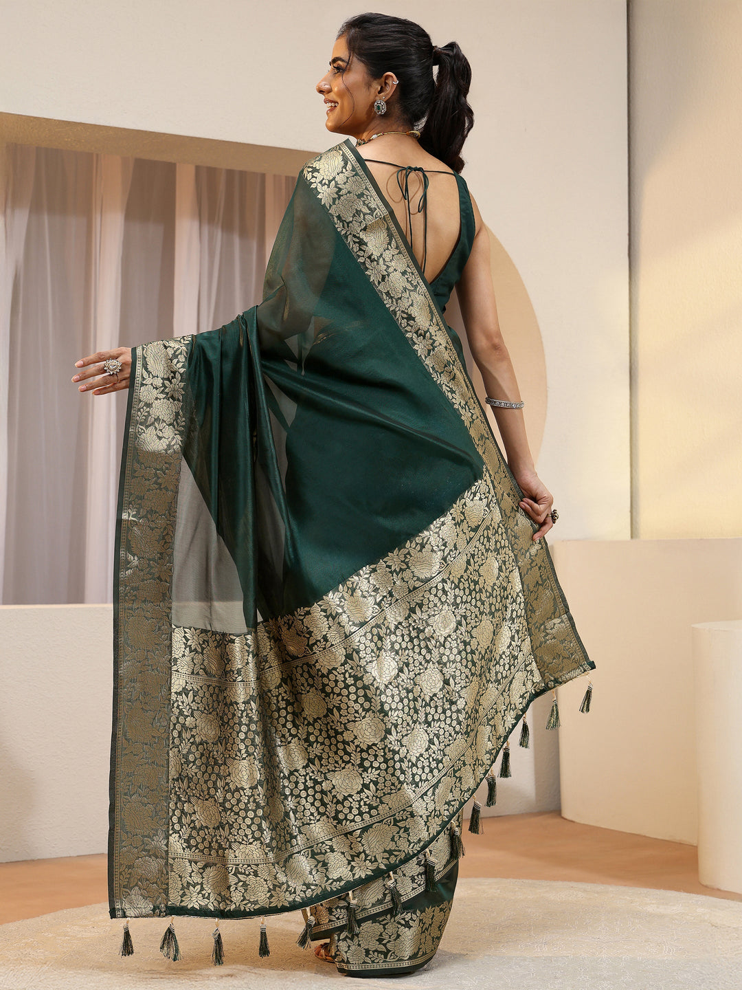  Libas Green Silk Blend Tassel Saree 