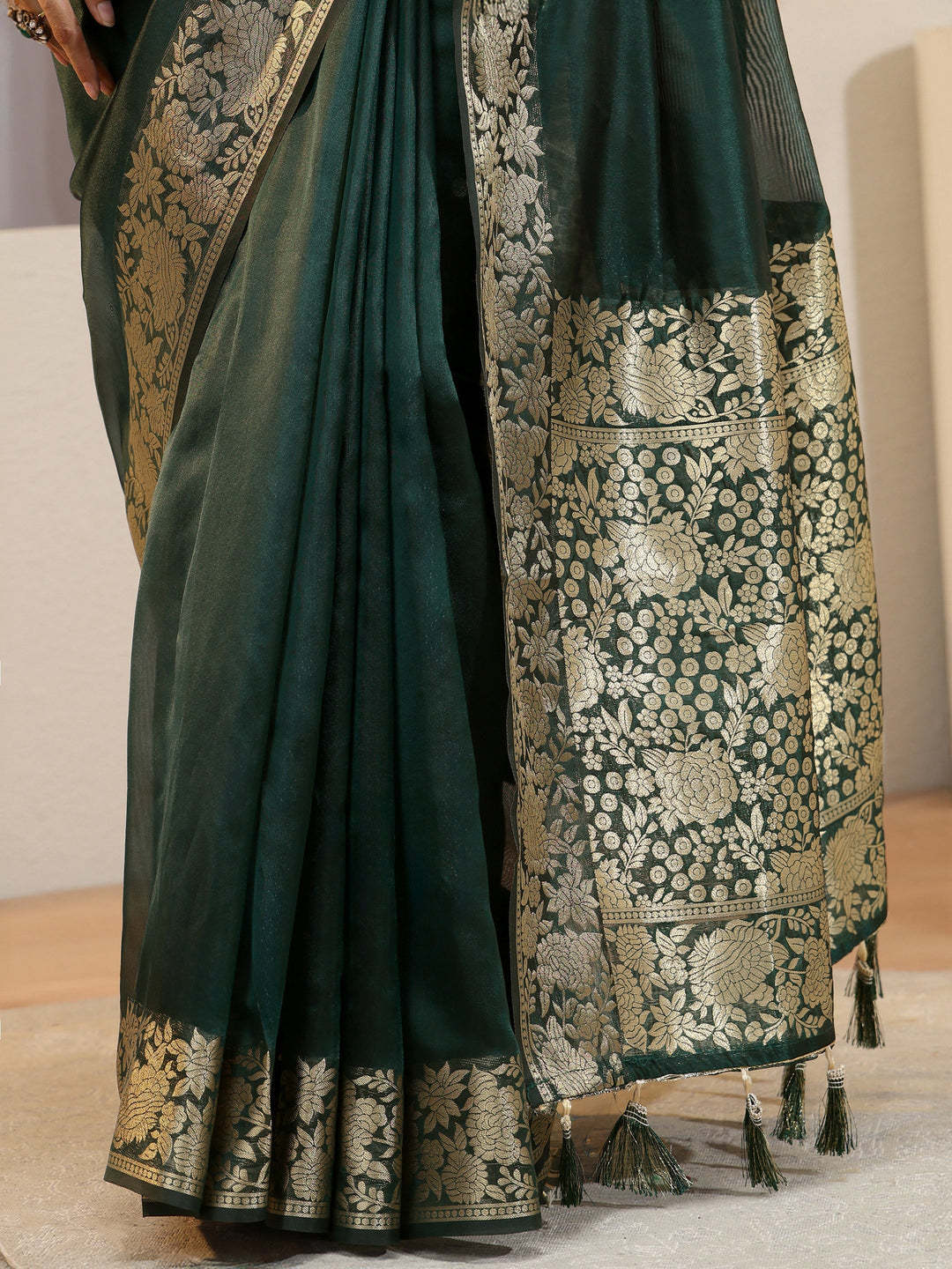  Libas Green Silk Blend Tassel Saree 
