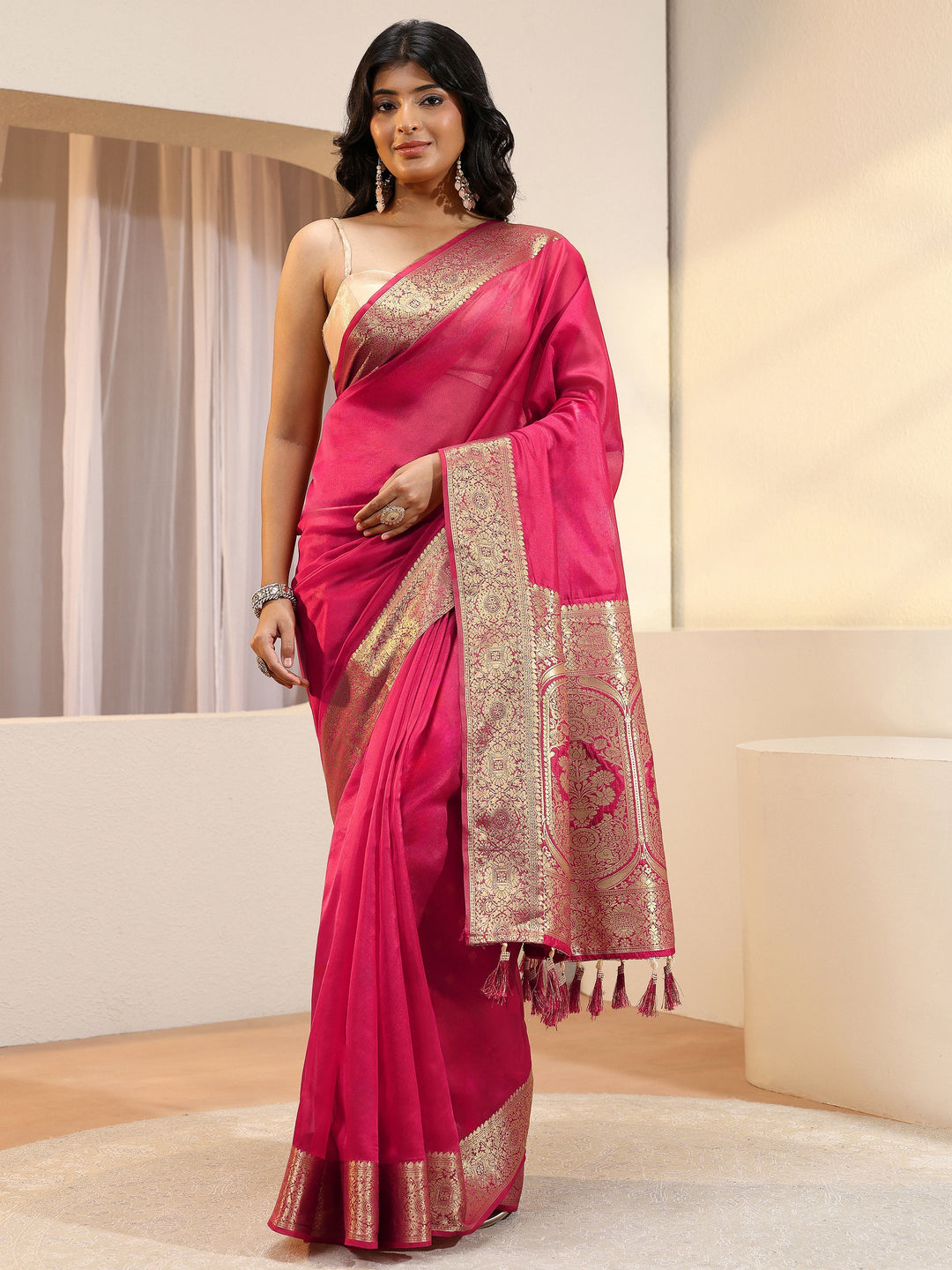  Libas Pink Silk Blend Tassel Saree 