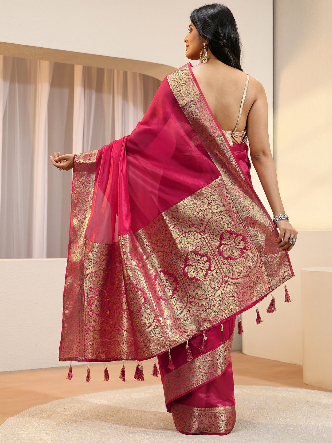  Libas Pink Silk Blend Tassel Saree 