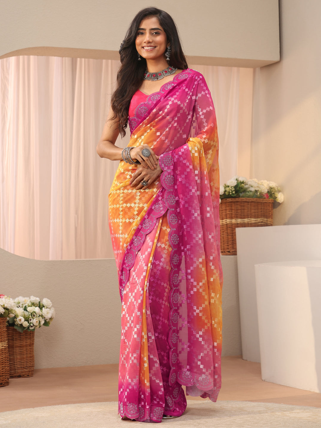  Orange Geometric Self Design Georgette Saree 