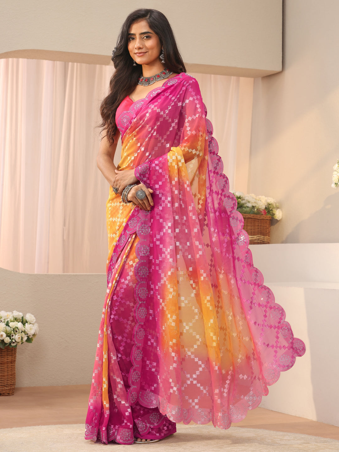  Orange Geometric Self Design Georgette Saree 