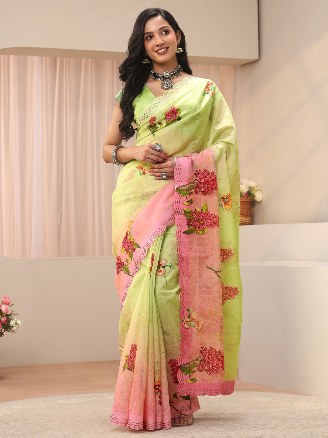  Green Floral Printed Organza Saree 