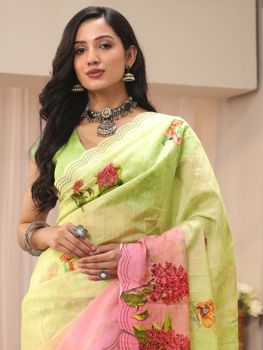  Green Floral Printed Organza Saree 