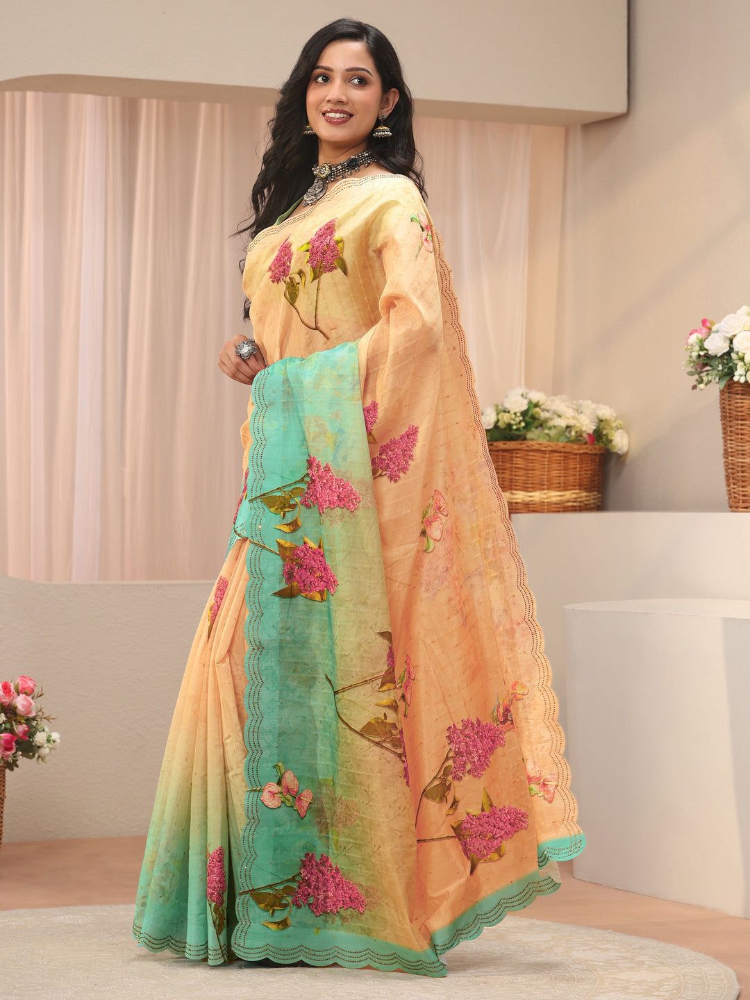  Beige Floral Printed Organza Saree 